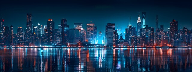 Stunning City Skyline at Night with Mesmerizing Blue Lights