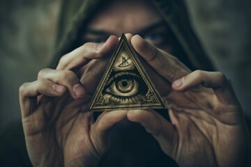 Someone holding a triangle with an eye in it occult symbolism concept 