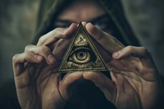 Someone holding a triangle with an eye in it occult symbolism concept 