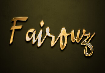 Old gold text effect of Arabic name Fairouz with 3D glossy style Mockup.