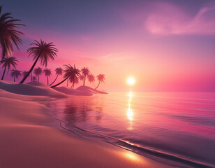 Palmy, ocean i plaża o zachodzie słońca, wakacje