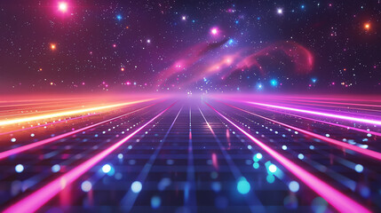 Retro sci-fi background with neon lights and grid pattern