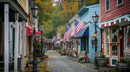 Fototapeta premium A brick road going through a small town with shops on each side. The shops are decorated with American flags and autumn decorations.