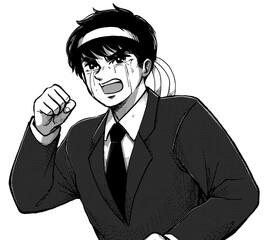 モノクロ劇画タッチイラスト・応援する男泣きの新入社員