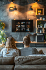 Family enjoying TV time on sofa in bright living room