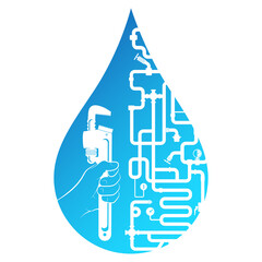 A drop of water and a plumbing wrench in the hand of a plumber. Plumbing repair and service sign
