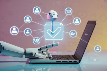 A Robot AI is using a laptop and touching the blue checkmark icon with multiple icons of documents and people on the virtual screen.