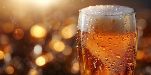 Close-up of a glass of beer with frothy head and golden bokeh lights in the background
