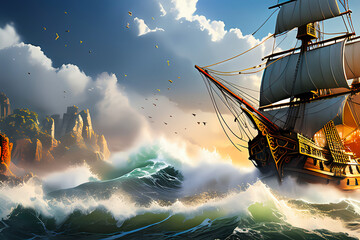 close-up of treasure on a pirate ship deck waves aglow fantasy sky crackling with lightning, ship in the sea background wallpaper 