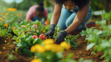African American woman gardening in sunny summer garden outdoors. Community backyard plant care, outside organic soil agriculture work