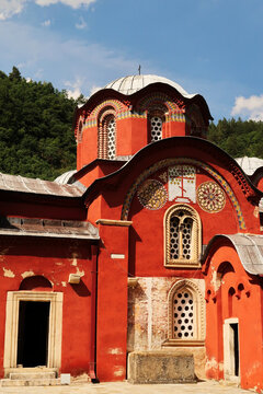 The elaborate facade with two entrance doors and roof, dome, cupola of the Church Complex of the Patriarchate of Pec Monastery, outside of Peja, Kosovo