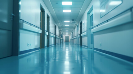 Fototapeta premium Busy hospital corridor with doctor and patient interactions, motion blur effect.