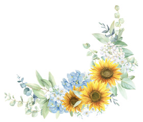 Watercolor sunflower bouquet, sunflower wedding border PNG, green leaves, yellow and blue colors, blue hydrangea, eucalyptus leaves © WonderWonder