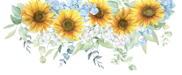 Watercolor sunflower bouquet, sunflower wedding border PNG, green leaves, yellow and blue colors, blue hydrangea, eucalyptus leaves