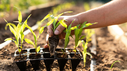 Planting corn seedlings. A male farmer shows the root system of a small corn seedling. Organic food...