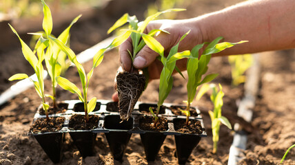 Planting corn seedlings. A male farmer shows the root system of a small corn seedling. Organic food...
