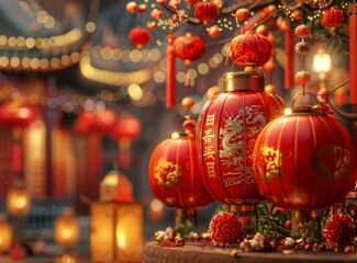 Fototapeta premium A Joyous Display of Lanterns and Decorations: Celebrating Lunar New Year