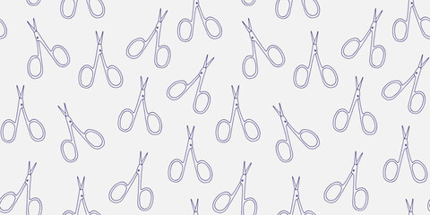Hand drawn scissors, seamless vector pattern. Dark blue drawing, doodle illustration on light gray background. Background for manicure, hairdresser. Manicure scissors, beauty salon tool, personal care