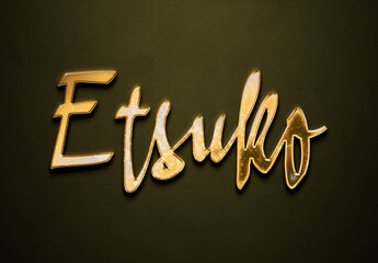 Old gold text effect of Japanese name Etsuko with 3D glossy style Mockup.