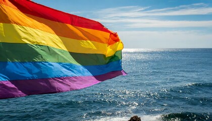 lgbt flag against ocean sea whater background, pride parade, lgbt pride month, fight against homophobia, tolerance, rally of many people