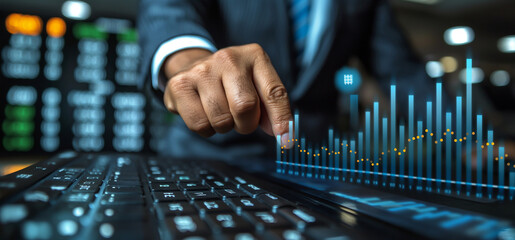 Fototapeta premium A hand picking or pointing on a graph infographic, business growthing concept, presentation of growthing business,