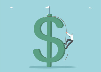 Increasing income and wages, financial growth, improving the economy, profitability of the investment portfolio, growth of dollar currency, reduction in inflation, man on rope climbs to top of dollar.