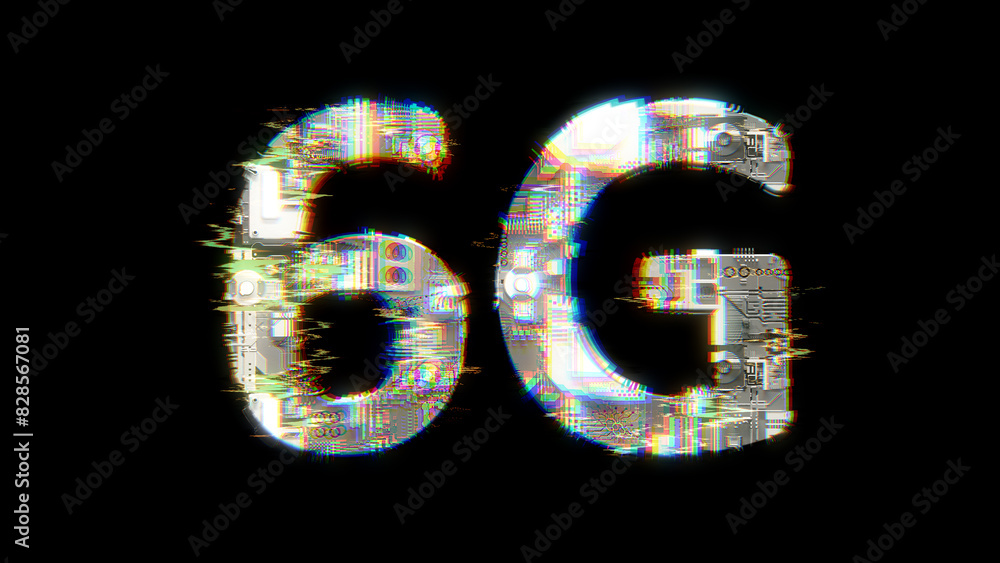 Poster glitch and chromatic aberrations cybernetical text 6g on black, isolated - object 3d rendering
