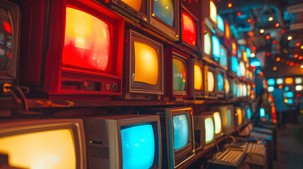 Obraz premium Installation of multiple color full old television in a monitor room
