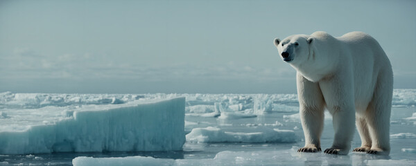 Naklejka premium Polar bear standing on block of ice surrounded by water in the arctic sea showcasing the ice melting. Highly detailed illustration
