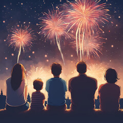 family watching fireworks