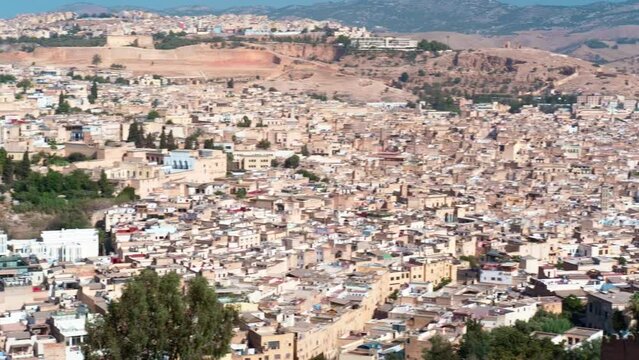 Panoramic view of Fez, the imperial city of Morocco. FesI is considered the spiritual and cultural capital of Morocco. gimbal cinematic panning