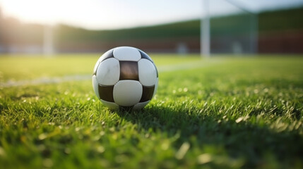 Fototapeta premium Soccer ball close-up in field center, players nearby 