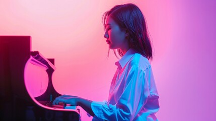 Front view of woman playing guitar on pink background, modern style