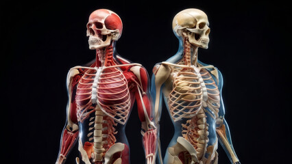 models of human skeletons standing side by side on a dark background.