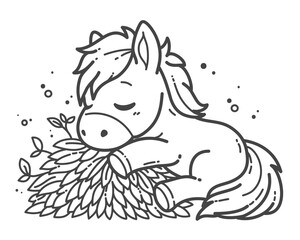 The horse sleeps peacefully, holding a leaves, its preferred meal.