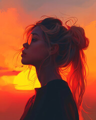 Stylized glowcore illustration: blonde woman and glitch sunset
