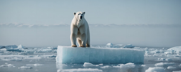 Polar bear standing on block of ice surrounded by water in the arctic sea showcasing the ice melting. Highly detailed illustration