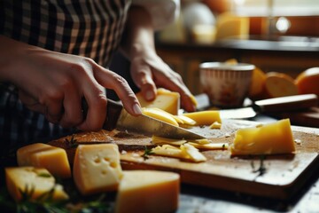 Person cutting cheese with a knife, suitable for food and cooking concepts