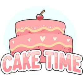 Pink birthday cake illustration. Cake time vector illustration. Cute pastry logo design.