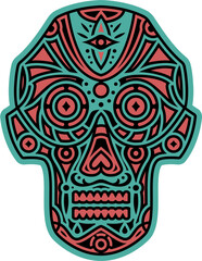 Ornamental Skull Vector Illustration. Vector Mexican Skull Design. Symmetric Tribal Mask. Native Tattoo Sketch. Dia de Muertos Decorative Element.