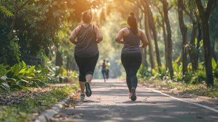 Two women running down a path in a park. Suitable for fitness and lifestyle concepts