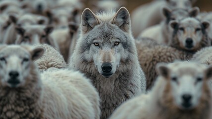 An artistic depiction of a wolf among sheep, symbolizing bravery and cleverness. Suitable for various uses including articles, posters, and digital content.
