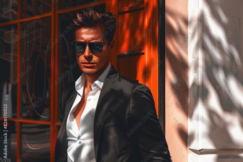 Poster a man in a suit and sunglasses standing in front of a building. suitable for business and corporate 