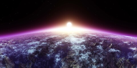 Beautiful sunrise or sunset over the planet, 3D rendering