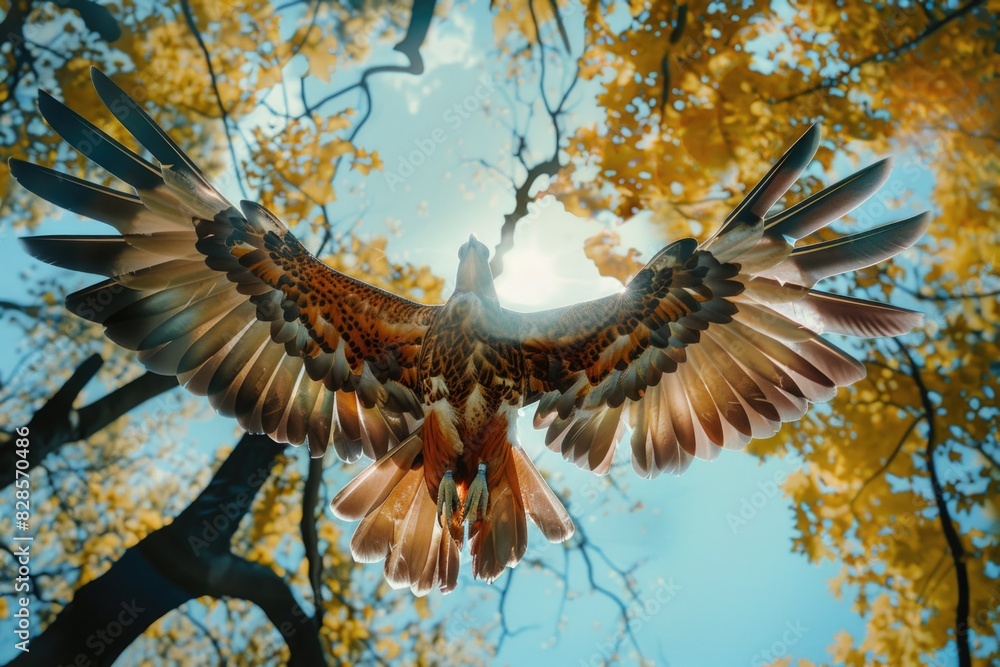 Poster a large bird flying through a tree filled with leaves. suitable for nature or wildlife themes