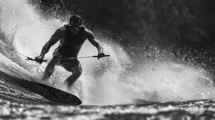 Obraz premium A man riding a wave on top of a surfboard. Suitable for sports and adventure concepts