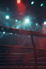 Boxing ring with lights and ropes in the background, suitable for sports and competition concepts