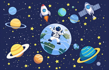 A cartoon vector illustration of an astronaut floating in space, surrounded by planets and stars, Generative AI