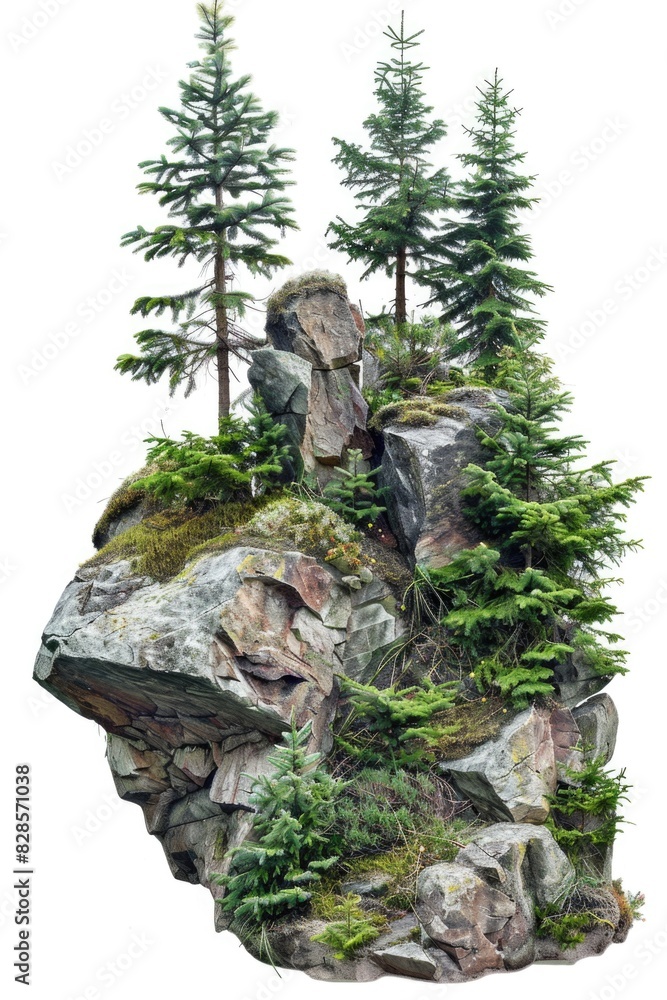 Poster a unique rock with trees growing on top. suitable for nature-themed designs