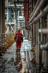 Fototapeta premium A man in a red uniform walking down a hallway. Suitable for business or education themes